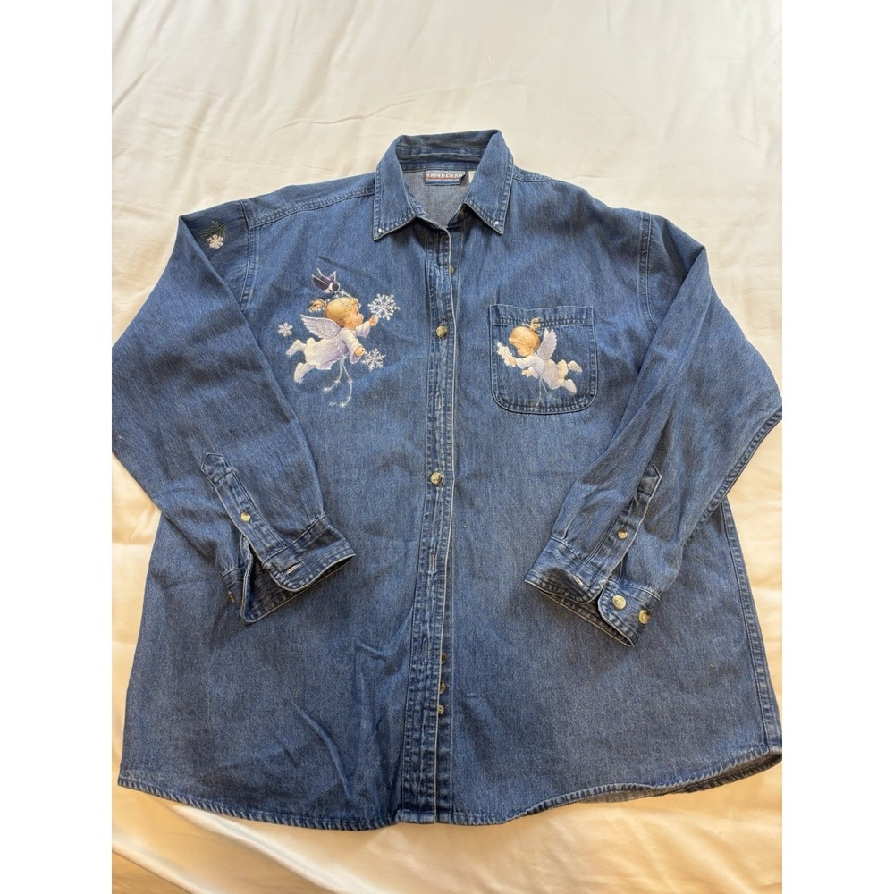 Faded Gear Women's Angel Theme Denim Button Down Shirt Large Holiday